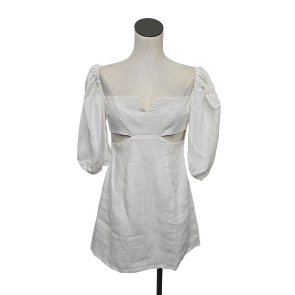 NWT Revolve Rumer Freya Puff Sleeve Linen Cutout Mini Dress Size Medium White - Picture 1 of 10
